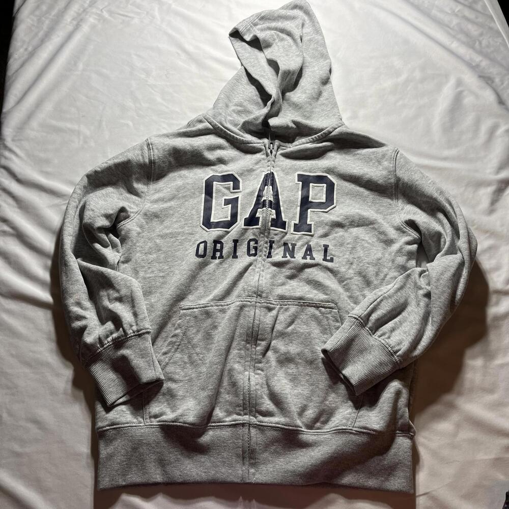GAP Original Kids' XL (14/16) Gray Zip Up Hoodie Sweatshirt Navy Blue Logo